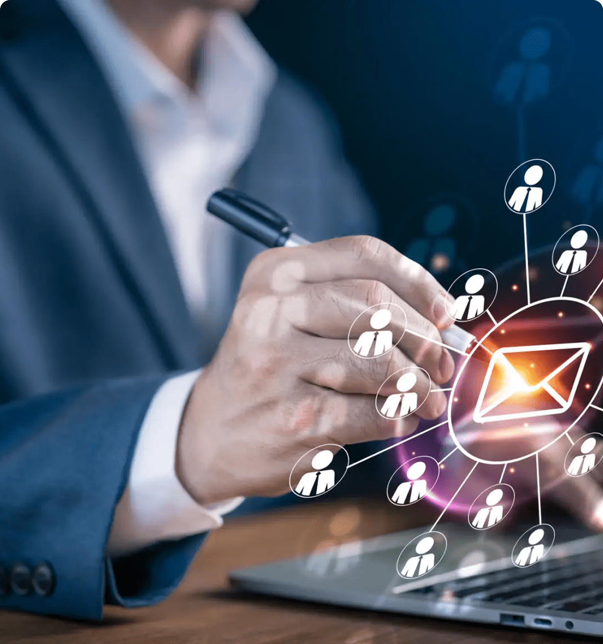 Hand touching virtual email icon network